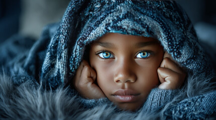 A young African American boy is laying comfortably in bed with a soft blue comforter covering him. He appears relaxed and at ease, possibly getting ready to sleep or just waking up, view above