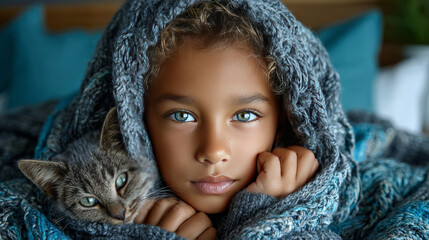 A young African American boy is laying comfortably in bed with a soft blue comforter covering him. He appears relaxed and at ease, possibly getting ready to sleep or just waking up, view above