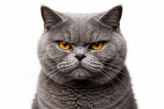 Grumpy Annoyed British Shorthair Cat Isolated on White