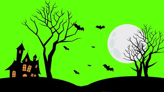 Spooky Halloween haunted house silhouette animation with flying bats and full moon