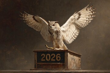 A majestic owl with expansive wings perches on a rustic wooden stand bearing '2026', symbolizing wisdom, foresight, and future vision for annual planning and new beginnings. Its piercing orange eyes c