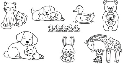 A black and white illustration of cute animals in silhouette mode