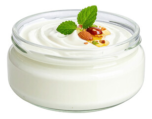 Creamy yogurt in glass jar with honey, almonds, and mint leaves on top