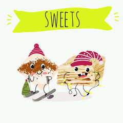 Fototapeta premium Funny Characters Turkish Tavuk Gogsu, Gullach, dessert, Eastern sweets. Hand drawn vector illustration.