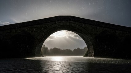 Ancient stone arch bridge illuminated by dramatic sunbeams piercing through rain and clouds over
