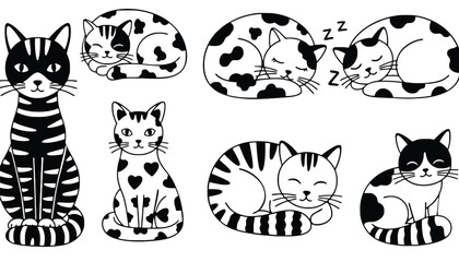 A black and white illustration of cute cats in various poses silhouette