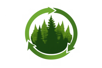 Green recycling arrows encircling a forest of pine trees, symbolizing nature renewal, sustainable resources, and eco-friendly practices