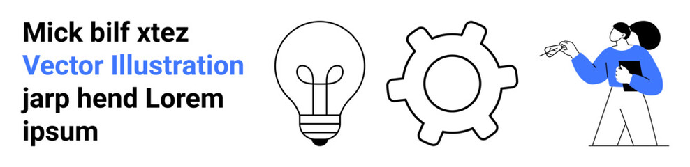 Creativity, innovation, teamwork, technology, problem-solving, and design thinking. Lightbulb, gear and person taking notes in a linear style. Creativity and innovation concept