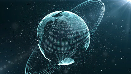 Abstract Futuristic Digital Globe with Orbiting Rings Against a Starry Background