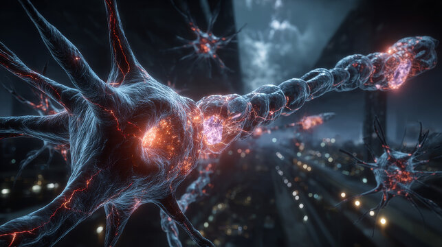 Antibodies attacking neuron, 3D illustration. Concept of autoimmune neurologic diseases