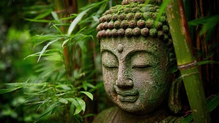 Ancient stone sculpture of a serene spiritual figure partially covered in moss nestled amongst lush green foliage