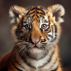 Obraz premium Adorable Baby Tiger Cub Close-up Portrait with Striking Orange and Black Stripes, Expressive Eyes, and Soft Fur. A captivating image of wildlife, innocence, and natural beauty.