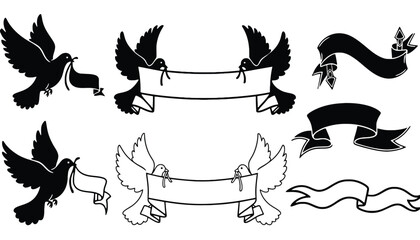 A collection of dove silhouettes holding ribbons and banners in flight silhouette