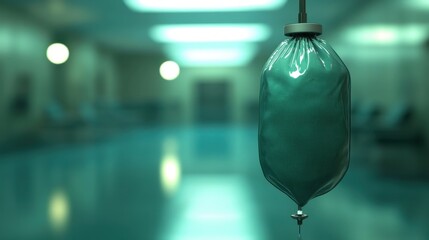 An empty intravenous IV drip bag hangs from a metal stand in a brightly lit hospital corridor