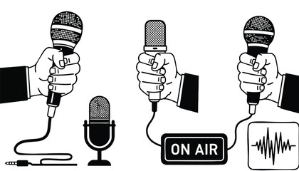 A graphic illustration of hands holding microphones with on air sign