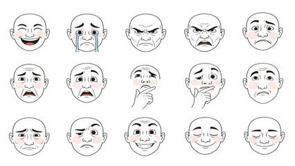 Collection of 12 Glossy Yellow Emoji Icons with Various Facial Expressions and Emotions for Digital Chat and Social Media