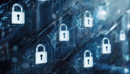 Digital security, lock icons overlaid on circuit board patterns