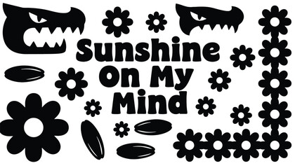 A black and white graphic design featuring flowers and a dinosaur silhouette