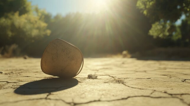 An empty overturned bucket lying on its side on a dusty concrete surface with sunlight shining down - Powered by Adobe