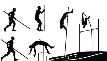A male athlete in various pole vaulting positions in silhouette