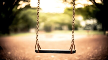 An empty swing set sways gently in the breeze at a sunlit playground evoking a sense of childhood nostalgia and peaceful solitude