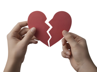 Hands holding broken red heart isolated on transparent background