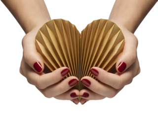 Hands holding a heart shaped gold card isolated on transparent background