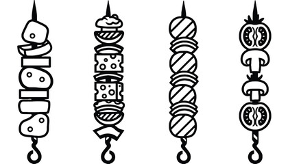 A set of four different skewers with various foods on a white background silhouette