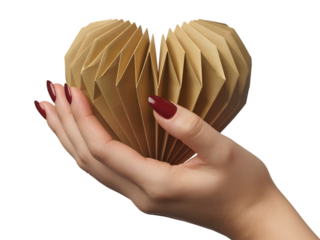 Hand holding brown paper heart isolated on transparent background