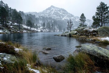 A serene winter landscape captures a tranquil mountain lake under a gentle snowfall. Delicate flakes descend upon the dark, rippling water, framed by snow-dusted rocks and hardy evergreen trees. A maj