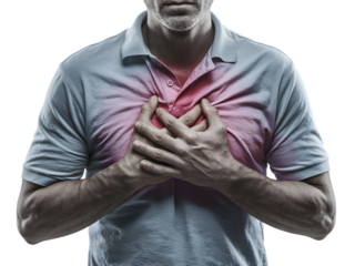 Man experiencing heart pain on chest isolated on transparent background