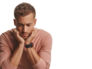 Man in pink shirt looking down isolated on transparent background