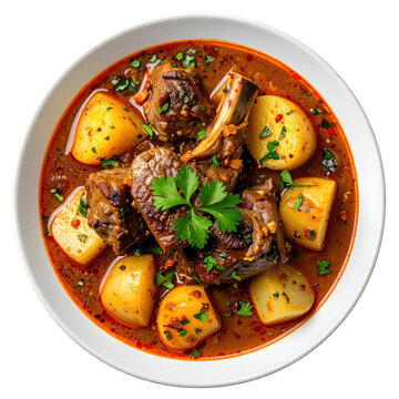 Traditional shalgam lamb stew, featuring tender meat and turnips, isolated on white background for a minimalist food concept