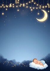 Sweet baby boy sleeping on a cloud under a crescent moon with sparkling stars and fairy lights for baby shower invitation ecards
