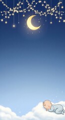 Nursery illustration of a baby sleeping on a cloud in a starry night sky with a golden moon for bedtime invitation ecards