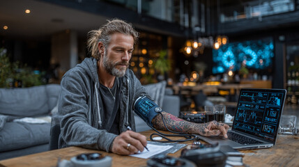 Young arab man sitting on couch, checking blood pressure and taking notes at home. Indian guy in white t-shirt using modern tonometer, experiencing hypertension caused by stress, copy space