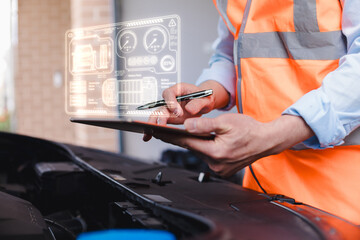 Naklejka premium Technician using tablet to analyze electric vehicle system with virtual interface, inspecting battery and engine diagnostics inside car. Concept of EV maintenance and smart technology.