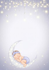 Cute baby girl sleeping peacefully on a glittery silver crescent moon under hanging fairy lights for magical nursery invitation ecards