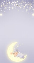 Adorable baby sleeping on a yellow crescent moon under hanging stars and glowing lights for magical bedtime nursery invitation ecards
