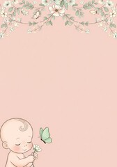 Sweet baby holding a flower and watching a butterfly under a floral border for charming pink nursery invitation ecards or birthday announcements