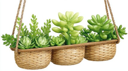 Three woven baskets holding an arrangement of various artificial succulent plants suspended by thick ropes