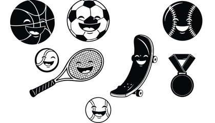 A black and white illustration of smiling sports icons in silhouette mode