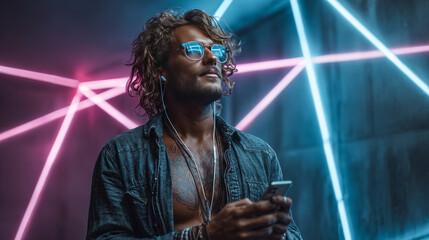 Musical Vibes. Young caucasian man holds phone enjoying his favorite music through earbuds, stands against blue neon lit studio background, promoting music apps and digital entertainment