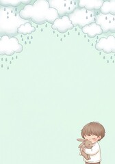 Adorable boy hugging a pet rabbit under raining clouds for sweet nursery invitation backgrounds or childhood sympathy greeting card ecard designs