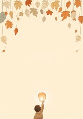 Child releasing a glowing lantern under falling autumn leaves for magical birthday invitation ecards or seasonal holiday greeting card background designs
