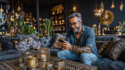 Cool Gadget And Application. Portrait of young smiling Arab man holding mobile phone, typing sms message, sitting on the couch in living room. Guy browsing internet, surfing web, using app, free space