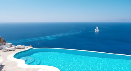 Fototapeta premium Infinity Pool on a White Cliff Overlooking a Sailboat on the Mediterranean