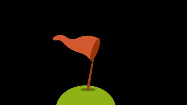 Orange flag waving on green hill animation marker and goal achievement concept