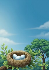 Bird nest with three speckled blue eggs on a leafy tree branch against a bright summer sky for spring nature concept backgrounds