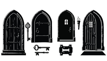 A set of medieval arched doors and keys in silhouette mode